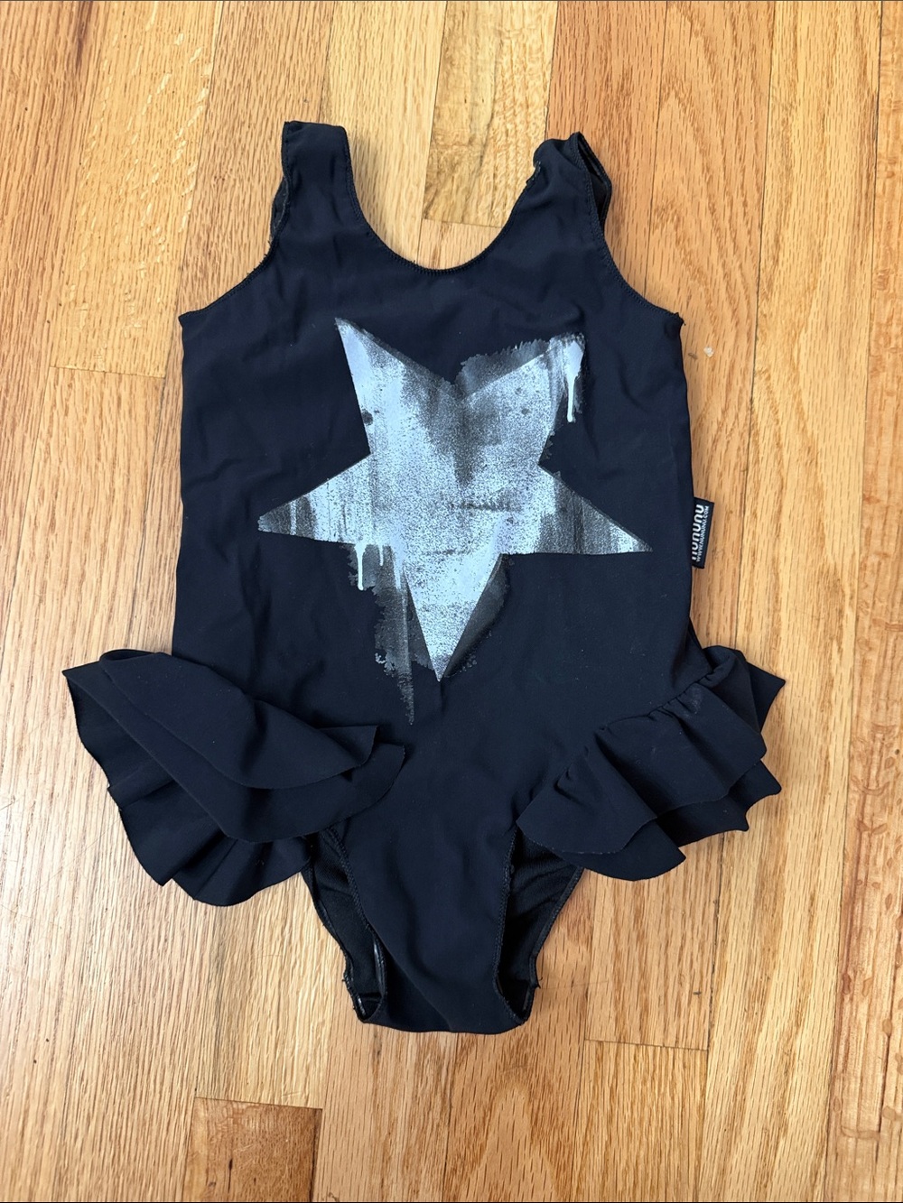 Girls' Nununu Black Ruffle One-Piece Swimsuit with Grey Star